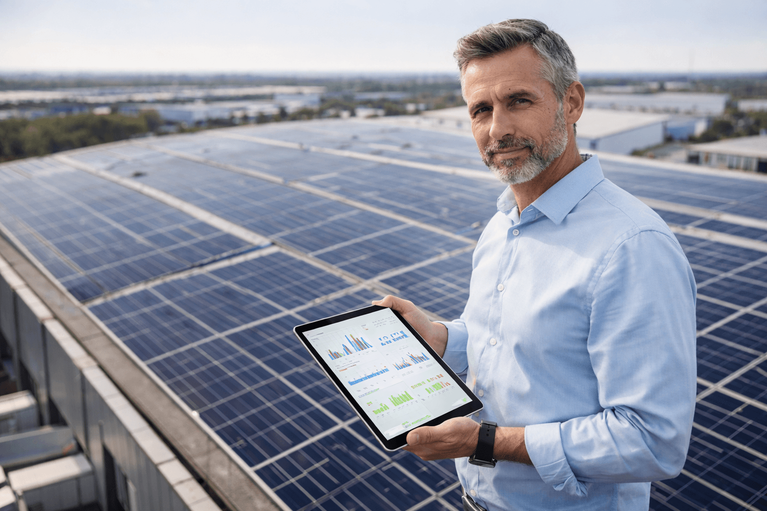 Responsável a analisar dados de energia junto a painéis solares