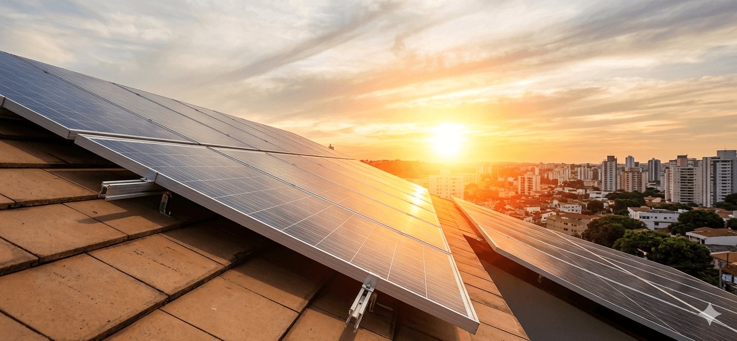 Painéis solares ao final do dia em ambiente urbano